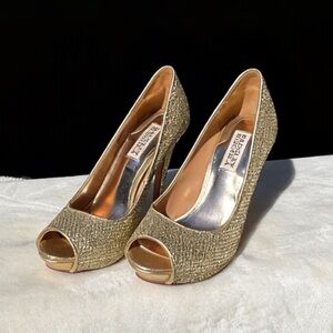 Badgley Mischka Humbie Dress Pump Gold Glitter Peep Toe Heels Size 6M